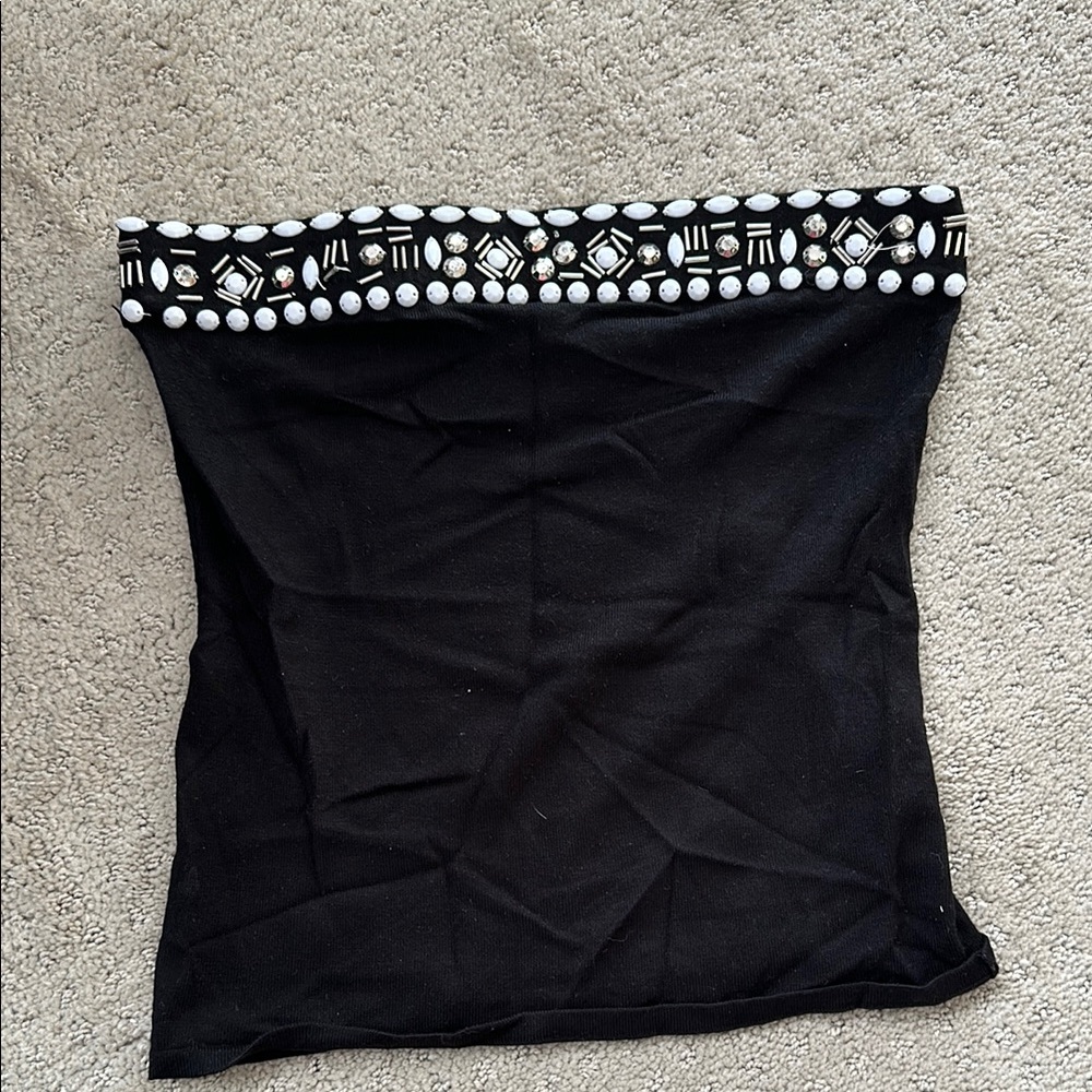 White House Black Market Black Tube Top with Beaded Trim XS